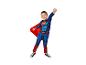Enfant en costume de Superman bleu et rouge avec cape, posant.