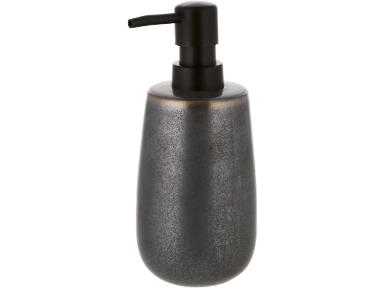 Distributeur de savon gris foncé avec pompe noire et bord doré subtil.