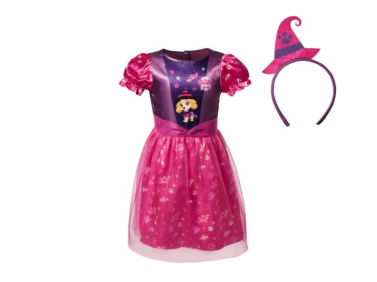 Robe d'Halloween violette et rose pour enfants avec motif de chien et chapeau de sorcière assorti.