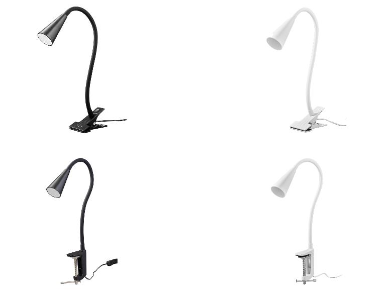 Quatre lampes de bureau avec pince ou serre-joint, deux noires et deux blanches.