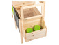 Un stand de jeu en bois avec des pots verts.