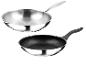 Deux poêles : un wok en acier inoxydable et une poêle avec un revêtement antiadhésif noir.