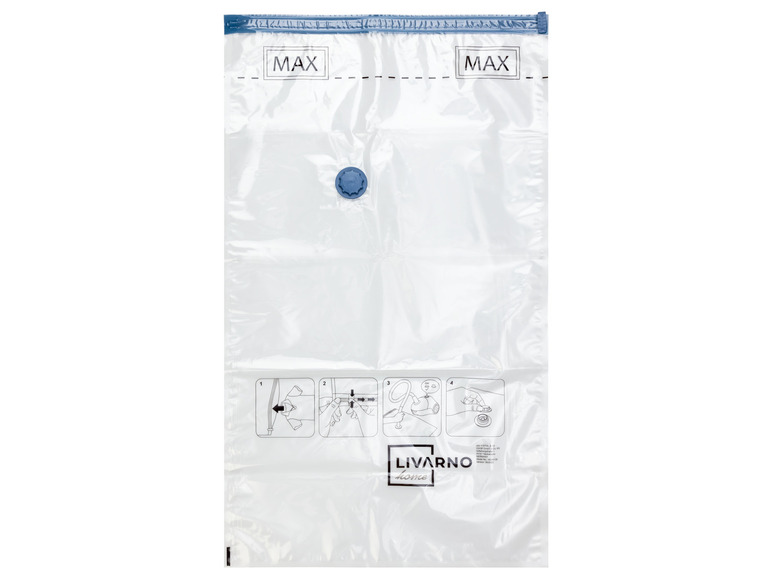 Un sac sous vide transparent avec la marque Livarno Home et des instructions d'utilisation.