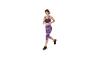 Femme en brassière de sport violette et legging de sport violet à motifs, en train de courir.