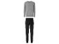 Un sweat-shirt gris à boutons et un pantalon noir.