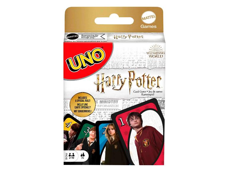 Jeu de cartes Uno Harry Potter avec des personnages et une règle spéciale.