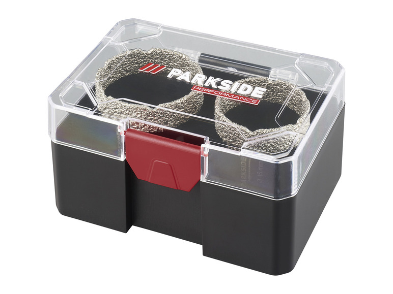 Deux couronnes de perçage diamantées Parkside Performance dans une boîte de rangement en plastique.