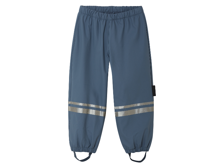 Salopette imperméable pour enfant, bleu gris avec bandes réfléchissantes.