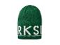 Bonnet en tricot vert avec logo blanc.