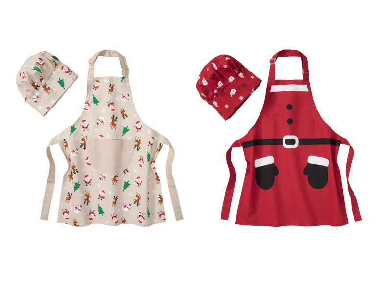 Deux tabliers de cuisine de Noël avec des toques de chef assorties.