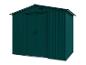 Abri de jardin métallique vert avec toit à pignon et portes doubles.