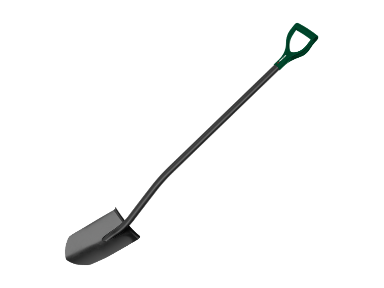 Pelle avec un long manche et une poignée en D verte.