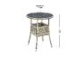 Table de bistrot ronde en rotin avec plateau en verre, 60 cm de diamètre et 73 cm de hauteur.