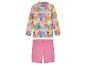 Ensemble de maillot de bain enfant : haut manches longues imprimé tropical et short rose.