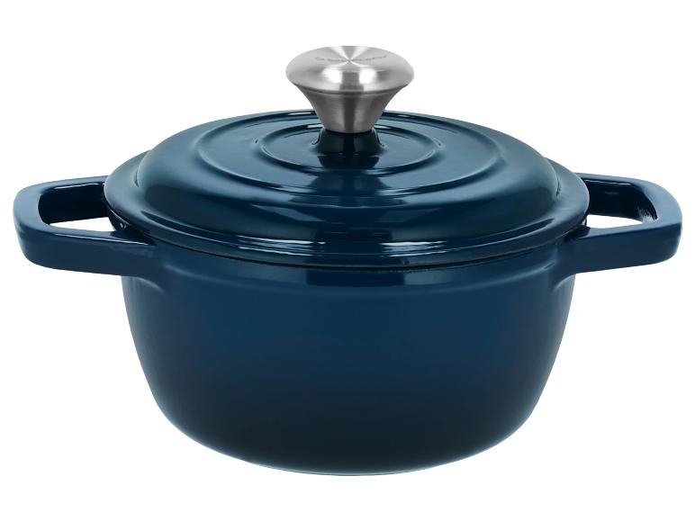 Cocotte en fonte émaillée bleu foncé avec couvercle et bouton argenté