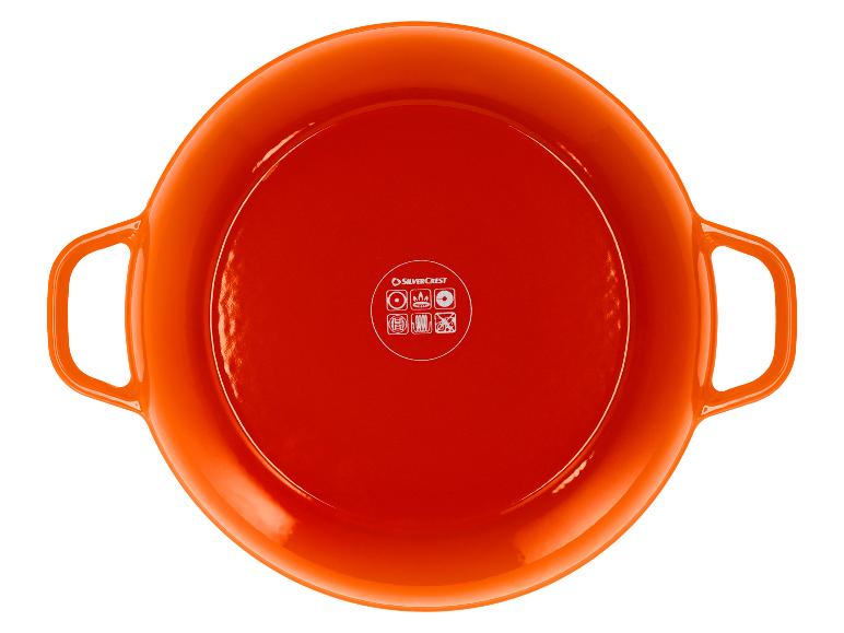 Plat de cuisson rond orange avec poignées et pictogrammes d'instructions d'utilisation