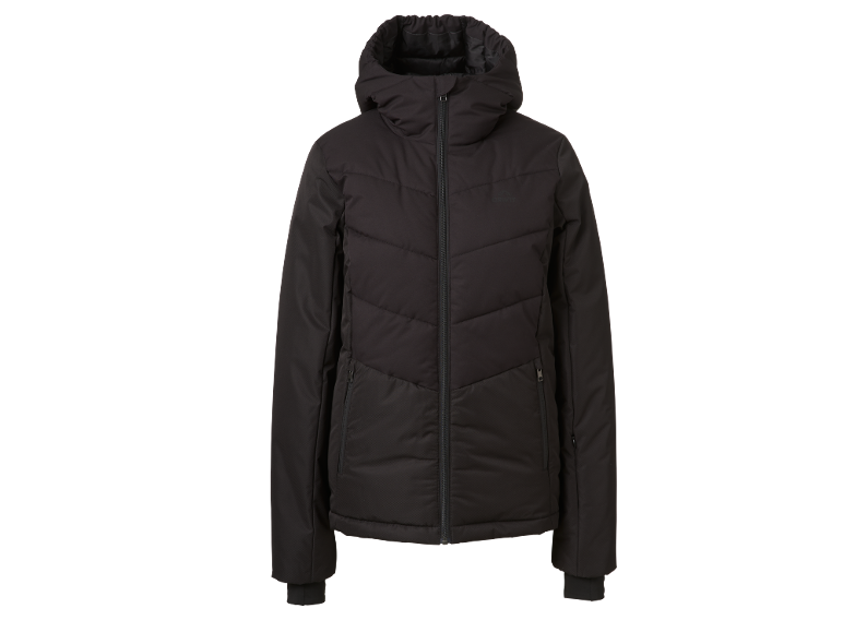 Veste matelassée noire avec capuche et fermeture éclair.