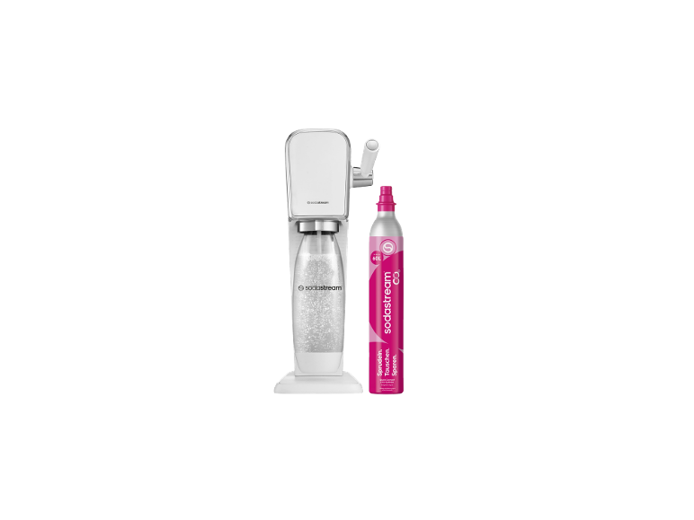Machine à eau pétillante blanche avec bouteille et cylindre de CO2 rose.