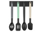 Ustensiles de cuisine avec des manches de couleurs, dont une louche, une spatule et deux cuillères.