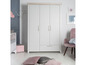 Armoire blanche à trois portes et un tiroir dans une chambre de bébé.