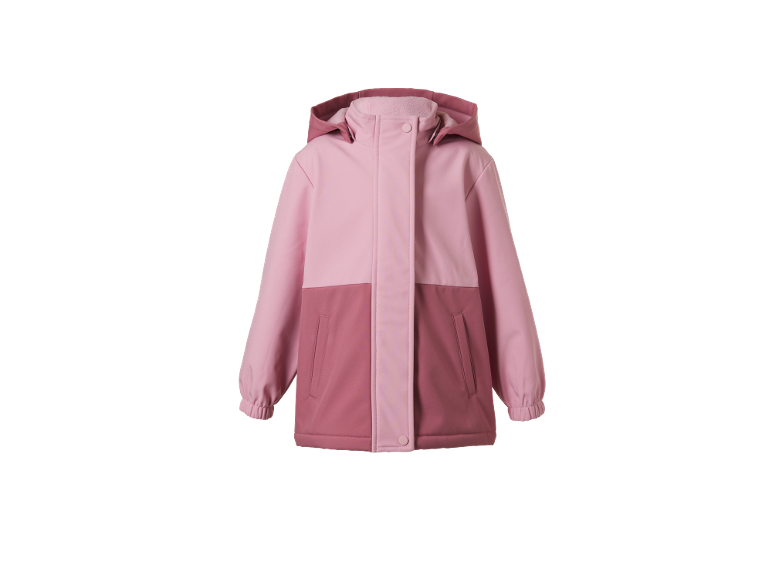 Veste softshell pour enfant avec capuche en rose clair et rose foncé.