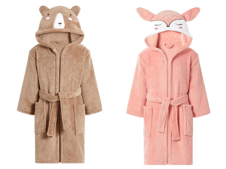 Deux peignoirs pour enfants : un marron thème ours et un rose thème renard.