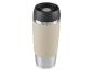 Gobelet isotherme beige et acier inoxydable.