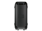 Vue arrière d'une enceinte portable noire avec roues et poignée.