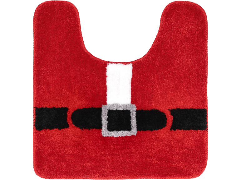 Tapis de toilette thème Père Noël avec un design rouge et une ceinture noire à boucle argentée.