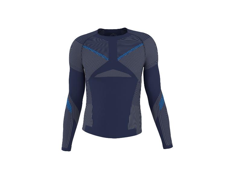 Maillot de sport à manches longues bleu foncé avec rayures grises et accents bleus.