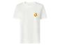 T-shirt blanc avec un imprimé citron jaune et feuille verte sur la poitrine.
