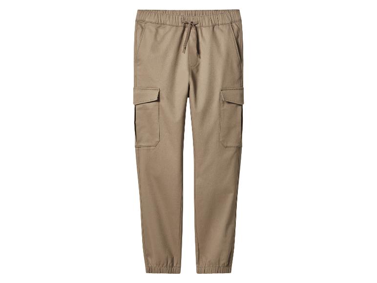 Pantalon cargo beige avec cordon de serrage et chevilles élastiques.