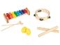 Un xylophone, un tambourin, des maracas et des baguettes en bois.