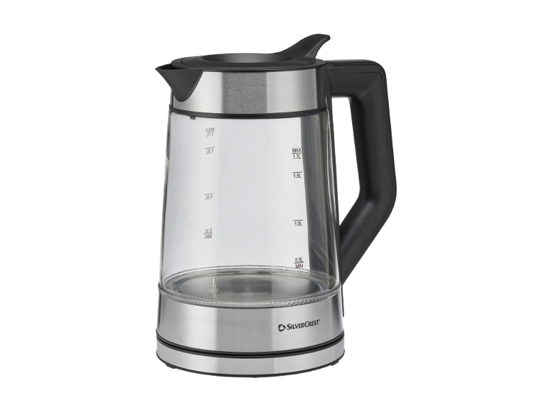 Bouilloire SilverCrest en verre et acier inoxydable.