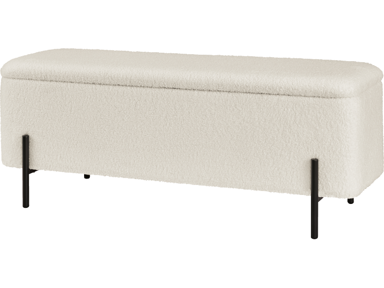 Banc de rangement en tissu bouclé blanc avec pieds en métal noir.