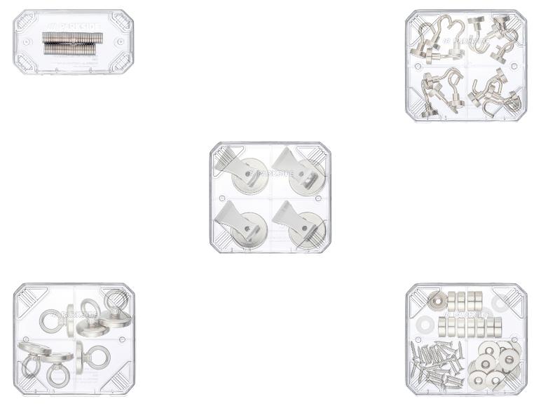 Ensembles d'aimants PARKSIDE avec divers aimants, crochets, œillets et fixations dans des boîtes transparentes.