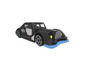 Une petite voiture de jouet noire avec des détails bleus.