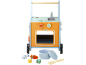 Chariot de cuisine en bois pour enfants avec cuisinière, four, évier et accessoires de jeu.