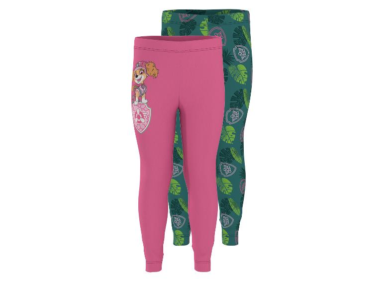 Deux leggings pour enfants, un rose avec un personnage de dessin animé et un vert à motifs de feuilles.