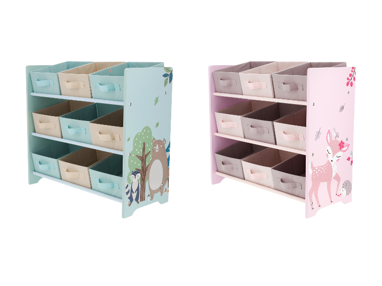 Étagères de rangement pour jouets d'enfants avec bacs en tissu, une bleu clair avec animaux de la forêt et une rose avec des cerfs.