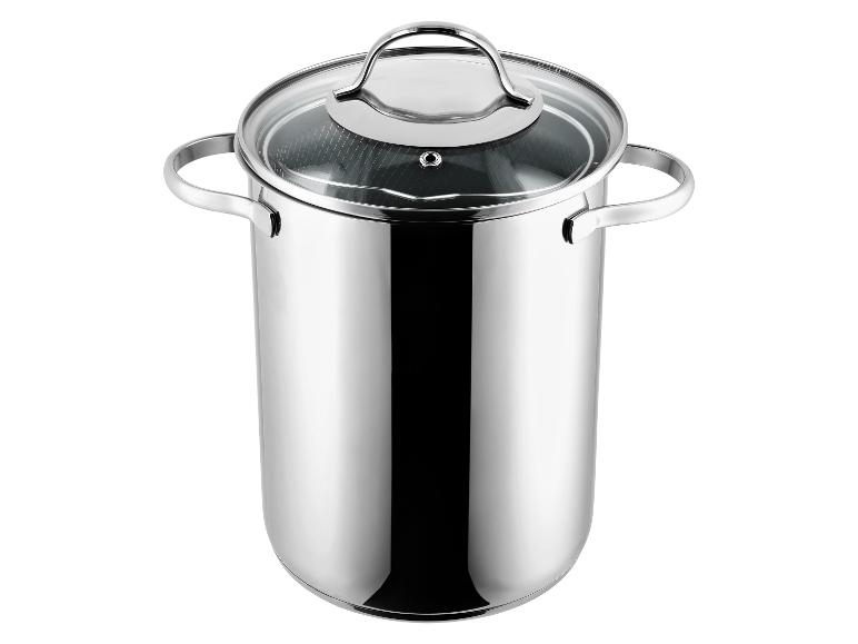 Grande casserole en acier inoxydable avec couvercle, vue de dessus en angle.