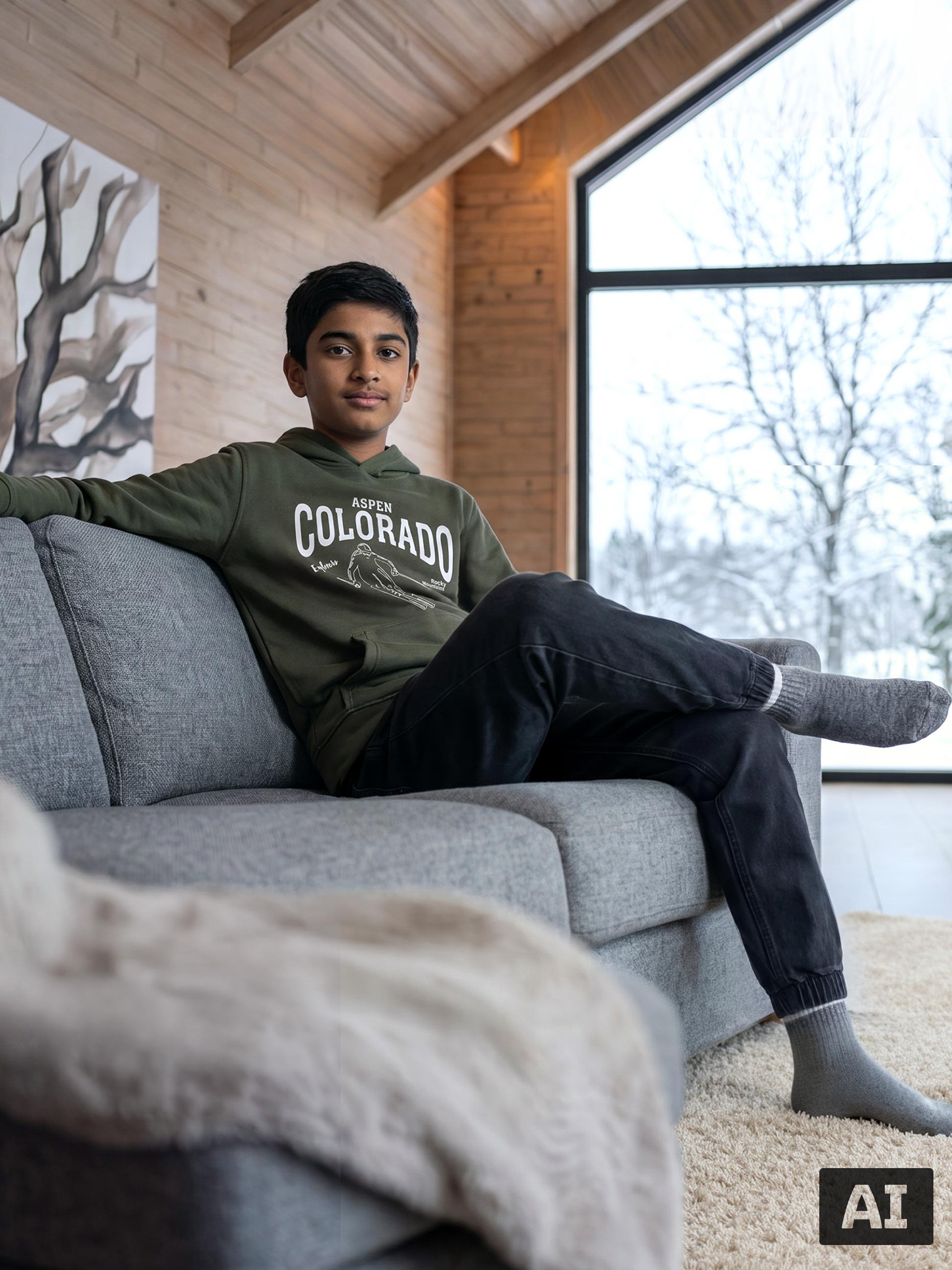 Un garçon en sweat à capuche vert Colorado et pantalon noir assis sur un canapé gris.