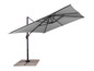 Un parasol gris à cantilever avec une base carrée.