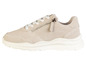 Sneakers en daim beige avec semelle blanche et fermeture éclair.