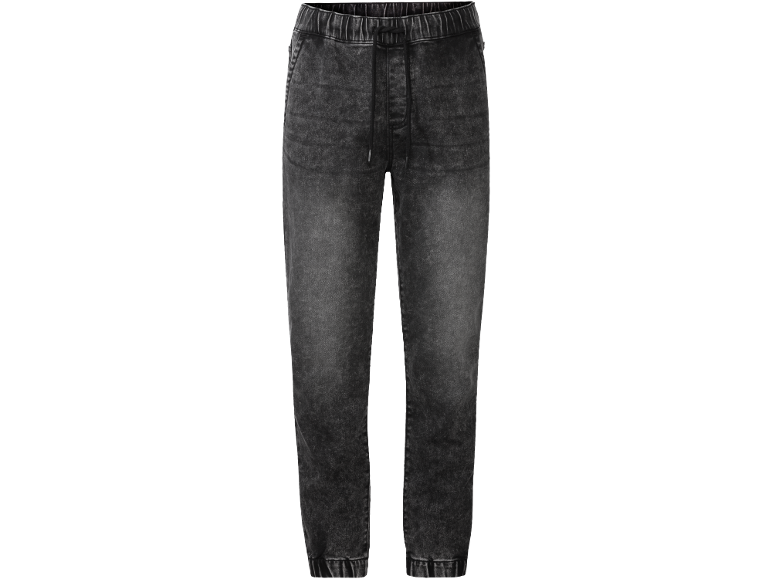 Pantalon jogger en jean gris foncé avec taille élastique et cordon de serrage.