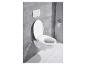 Une toilette blanche avec un siège de bidet, un porte-papier toilette et un bouton de chasse d'eau.