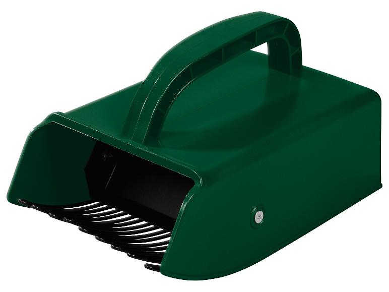 Râteau et pelle à main vert foncé pour ramasser les feuilles.