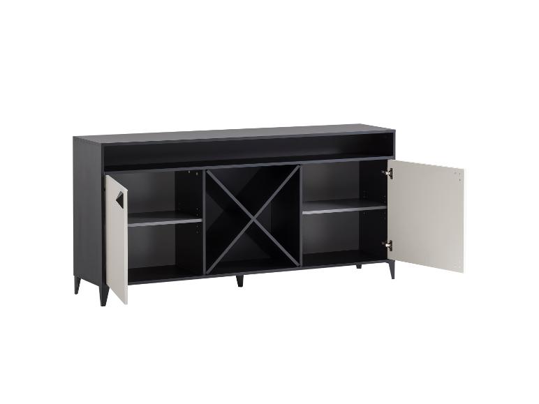 Buffet gris foncé avec casier à vin et portes ouvertes