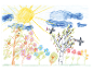 Dessin d'enfant : soleil, arbres, oiseaux et fleurs.