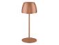 Lampe de table couleur cuivre avec base ronde et abat-jour conique.